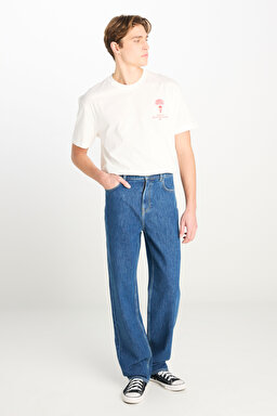 %100 Pamuk Asher Loose Fit Geniş Kesim Geniş Paça Mavi Jean Denim Pantolon - Mid Indigo-L70E00001381 (görsel 2)