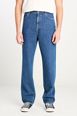 %100 Pamuk Asher Loose Fit Geniş Kesim Geniş Paça Mavi Jean Denim Pantolon - Mid Indigo-L70E00001381 (görsel 3)