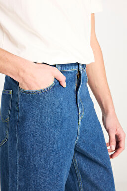 %100 Pamuk Asher Loose Fit Geniş Kesim Geniş Paça Mavi Jean Denim Pantolon - Mid Indigo-L70E00001381 (görsel 5)