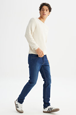 Luke Slim Fit Dar Kesim Normal Bel Dar Paça Pamuklu Esnek Mavi Jean Denim Pantolon - Dark Indigo-L71900058317 (görsel 3)