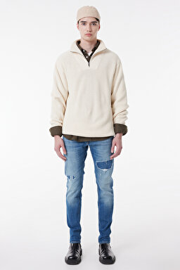 Slim Fit Dar Kesim Normal Bel Taşlamalı Mavi Esnek Luke Jean Denim Kot Pantolon - Stone-L71911858