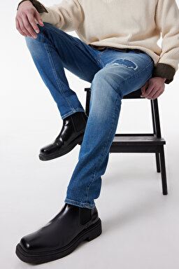 Slim Fit Dar Kesim Normal Bel Taşlamalı Mavi Esnek Luke Jean Denim Kot Pantolon - Stone-L71911858 (görsel 2)