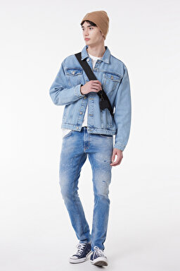 Slim Fit Dar Kesim Normal Bel Taşlamalı Açık Mavi Esnek Luke Jean Denim Kot Pantolon - Light Blue-L719119404 (görsel 2)