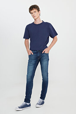 Slim Fit Dar Kesim Düşük Bel Taşlamalı Mavi Esnek Luke Jean Denim Kot Pantolon - Stone-L71912058
