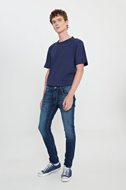 Slim Fit Dar Kesim Düşük Bel Taşlamalı Mavi Esnek Luke Jean Denim Kot Pantolon - Stone-L71912058 (görsel 2)