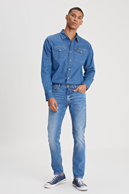 Slim Fit Dar Kesim Normal Bel Dar Paça Luke Mavi Jean Kot Pantolon - Indigo Vintage-L719200872E69