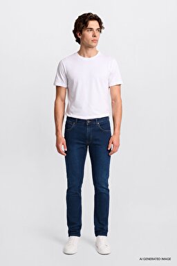 Luke Slim Fit Dar Kesim Normal Bel Dar Paça Pamuklu Esnek Mavi Jean Denim Pantolon - Dark Indigo-L719260145317 (görsel 2)