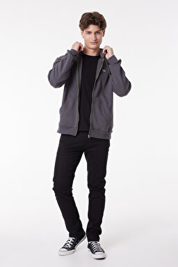 Regular Fit Normal Kesim %100 Pamuk Kapüşonlu Tam Fermuarlı Sweatshirt - Anthracite-L80KSP003