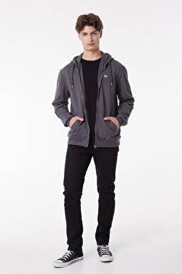 Regular Fit Normal Kesim %100 Pamuk Kapüşonlu Tam Fermuarlı Sweatshirt - Anthracite-L80KSP003 (görsel 2)