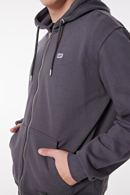 Regular Fit Normal Kesim %100 Pamuk Kapüşonlu Tam Fermuarlı Sweatshirt - Anthracite-L80KSP003 (görsel 3)