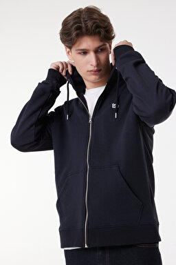 Regular Fit Normal Kesim %100 Pamuk Kapüşonlu Tam Fermuarlı Sweatshirt - Black-L80KSP01