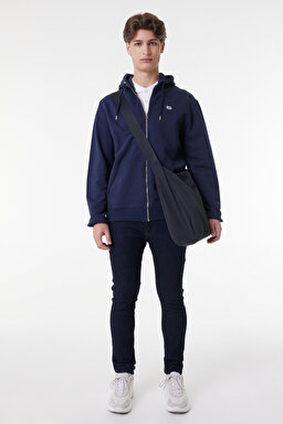 Regular Fit Normal Kesim %100 Pamuk Kapüşonlu Tam Fermuarlı Sweatshirt - Navy-L80KSP410 (görsel 2)