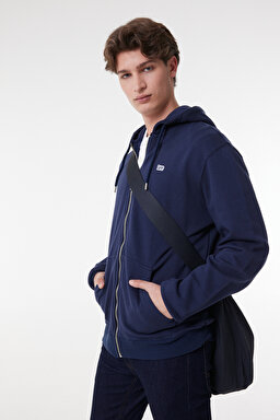 Regular Fit Normal Kesim %100 Pamuk Kapüşonlu Tam Fermuarlı Sweatshirt - Navy-L80KSP410 (görsel 4)