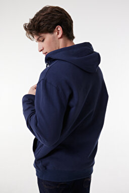 Regular Fit Normal Kesim %100 Pamuk Kapüşonlu Tam Fermuarlı Sweatshirt - Navy-L80KSP410 (görsel 5)