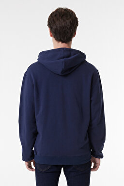 Regular Fit Normal Kesim %100 Pamuk Kapüşonlu Tam Fermuarlı Sweatshirt - Navy-L80KSP410 (görsel 6)