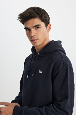 Regular Fit Normal Kesim %100 Pamuk Kapüşonlu Şardonlu Siyah Sweatshirt - Black-L80YRY01 (görsel 5)