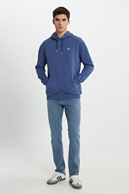 Regular Fit Normal Kesim %100 Pamuk Şardonlu Kapüşonlu Mavi Sweatshirt - Marine-L80YRY54 (görsel 4)
