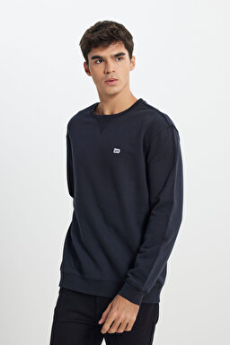 Regular Fit %100 Pamuk Bisiklet Yaka Siyah Şardonlu Sweatshirt - Black-L81IRY01
