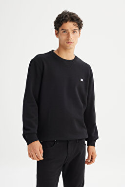 Regular Fit Normal Kesim Bisiklet Yaka %100 Pamuk İçi Polarlı Sweatshirt - Black-L81IRY100 (görsel 3)