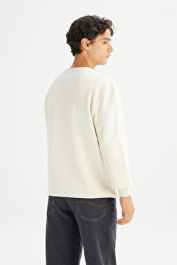 Regular Fit Normal Kesim %100 Pamuk Bisiklet Yaka Şardonlu Kırık Beyaz Sweatshirt - Off White-L81IRY102 (görsel 5)