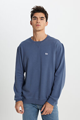 Regular Fit Normal Kesim %100 Pamuk Bisiklet Yaka İçi Polarlı İndigo Sweatshirt - Indigo-L81IRY315 (görsel 3)