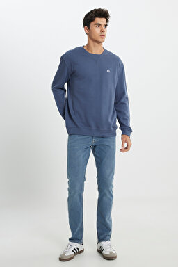 Regular Fit Normal Kesim %100 Pamuk Bisiklet Yaka İçi Polarlı İndigo Sweatshirt - Indigo-L81IRY315 (görsel 4)