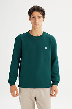 %100 Pamuk Regular Fit Normal Kesim Bisiklet Yaka Koyu Yeşil Sweatshirt - JadeForest-L81IRY898
