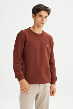 %100 Pamuk Regular Fit Normal Kesim Bisiklet Yaka Kiremit Rengi Sweatshirt - LuxBrown-L81IRY906