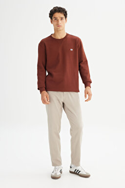 %100 Pamuk Regular Fit Normal Kesim Bisiklet Yaka Kiremit Rengi Sweatshirt - LuxBrown-L81IRY906 (görsel 2)