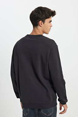 Regular Fit Normal Kesim %100 Pamuk Bisiklet Yaka Antrasit Sweatshirt - Washed Black-L81MRFON (görsel 4)