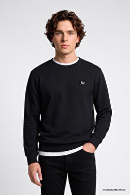 Regular Fit Normal Kesim Bisiklet Yaka %100 Pamuk İçi Polarlı Sweatshirt - Black-L82IRY100