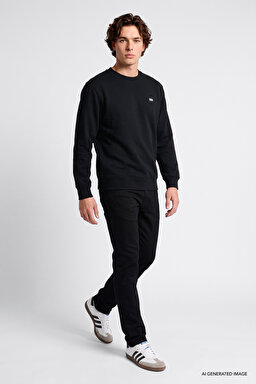 Regular Fit Normal Kesim Bisiklet Yaka %100 Pamuk İçi Polarlı Sweatshirt - Black-L82IRY100 (görsel 2)