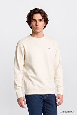 Regular Fit Normal Kesim %100 Pamuk Bisiklet Yaka Şardonlu Kırık Beyaz Sweatshirt - Off White-L82IRY102
