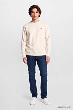 Regular Fit Normal Kesim %100 Pamuk Bisiklet Yaka Şardonlu Kırık Beyaz Sweatshirt - Off White-L82IRY102 (görsel 2)