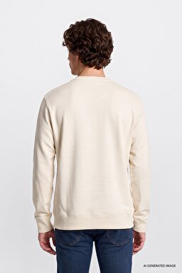 Regular Fit Normal Kesim %100 Pamuk Bisiklet Yaka Şardonlu Kırık Beyaz Sweatshirt - Off White-L82IRY102 (görsel 4)