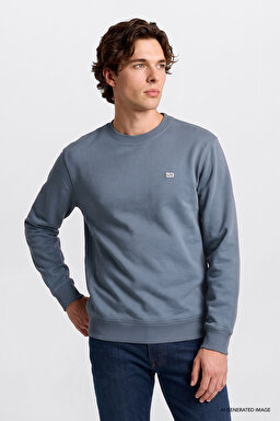 Regular Fit Normal Kesim %100 Pamuk Bisiklet Yaka İçi Polarlı İndigo Sweatshirt - ındıgo-L82IRY315