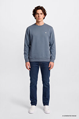 Regular Fit Normal Kesim %100 Pamuk Bisiklet Yaka İçi Polarlı İndigo Sweatshirt - ındıgo-L82IRY315 (görsel 3)