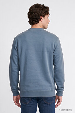 Regular Fit Normal Kesim %100 Pamuk Bisiklet Yaka İçi Polarlı İndigo Sweatshirt - ındıgo-L82IRY315 (görsel 5)