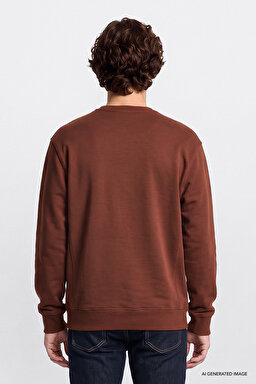 %100 Pamuk Regular Fit Normal Kesim Bisiklet Yaka Kiremit Rengi Sweatshirt - Lux Brown-L82IRY906 (görsel 5)