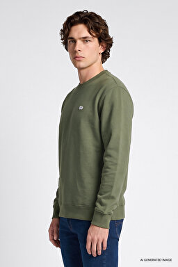 Regular Fit Normal Kesim %100 Pamuk Bisiklet Yaka Şardonlu Haki Sweatshirt - Olive-L82IRYA61 (görsel 3)
