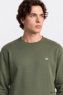 Regular Fit Normal Kesim %100 Pamuk Bisiklet Yaka Şardonlu Haki Sweatshirt - Olive-L82IRYA61 (görsel 4)