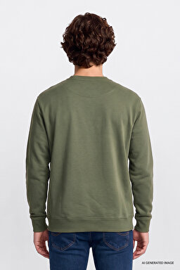Regular Fit Normal Kesim %100 Pamuk Bisiklet Yaka Şardonlu Haki Sweatshirt - Olive-L82IRYA61 (görsel 5)
