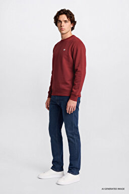 Regular Fit Normal Kesim %100 Pamuk Bisiklet Yaka İçi Polarlı Bordo Sweatshirt - Port-L82IRYA84 (görsel 2)