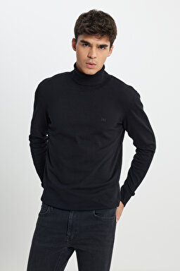 Regular Fit Normal Kesim %100 Pamuk Balıkçı Yaka Siyah Triko Kazak - Black-L83CKF01 (görsel 2)