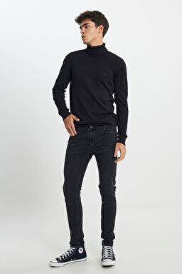 Regular Fit Normal Kesim %100 Pamuk Balıkçı Yaka Siyah Triko Kazak - Black-L83CKF01 (görsel 3)