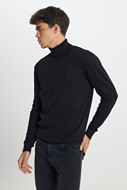 Regular Fit Normal Kesim %100 Pamuk Balıkçı Yaka Siyah Triko Kazak - Black-L83CKF01 (görsel 4)