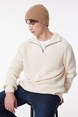 Regular Fit Normal Kesim Balıkçı Yaka Yarım Fermuarlı Ekru Triko Kazak - Ecru-L83YDENQ