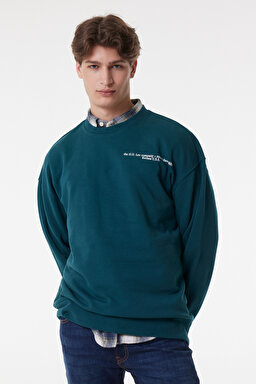 Regular Fit Normal Kesim %100 Pamuk Bisiklet Yaka Şardonlu Sweatshirt - Esmeralda-L84ITJ96