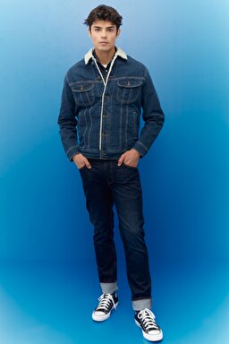 Regular Fit Normal Kesim Mavi Sherpa Jean Kot Ceket - Dark Blue-L87BSQZG (görsel 3)
