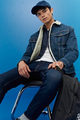 Regular Fit Normal Kesim Mavi Sherpa Jean Kot Ceket - Dark Blue-L87BSQZG (görsel 5)